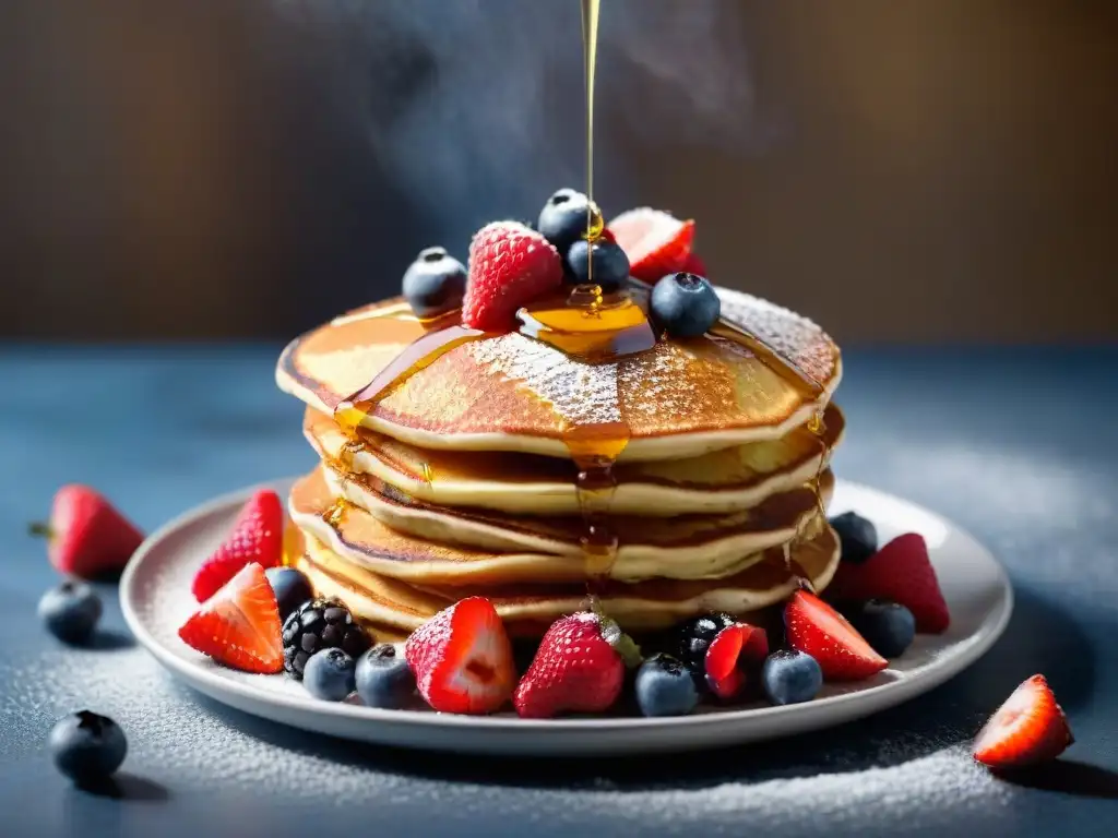 Deliciosos pancakes sin gluten recetas innovadoras con frutas frescas y miel, irresistible y colorido desayuno