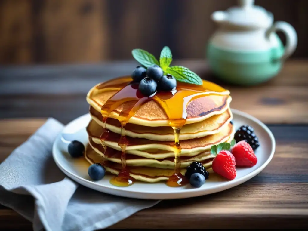 Deliciosos pancakes sin gluten recetas innovadoras con frutas, miel y menta en mesa rústica