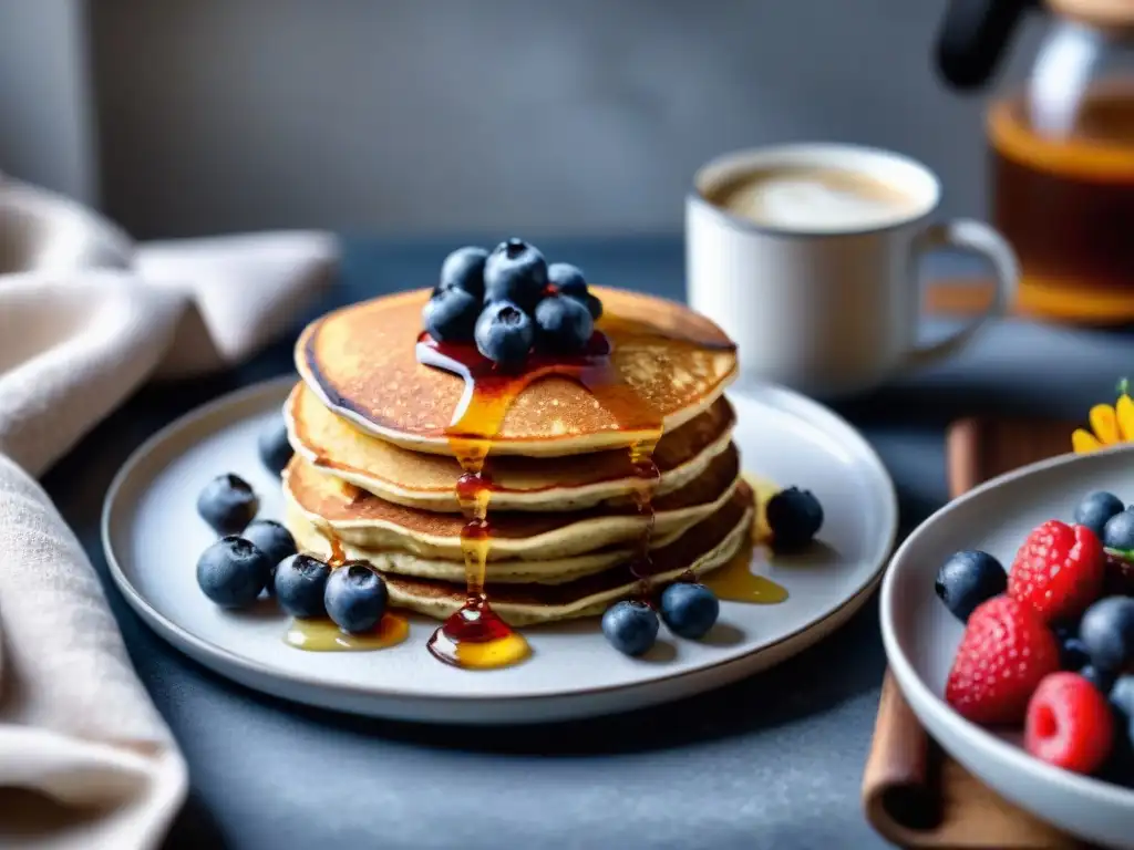 Deliciosos pancakes de harina de avena sin gluten con frutas y café en una mesa soleada