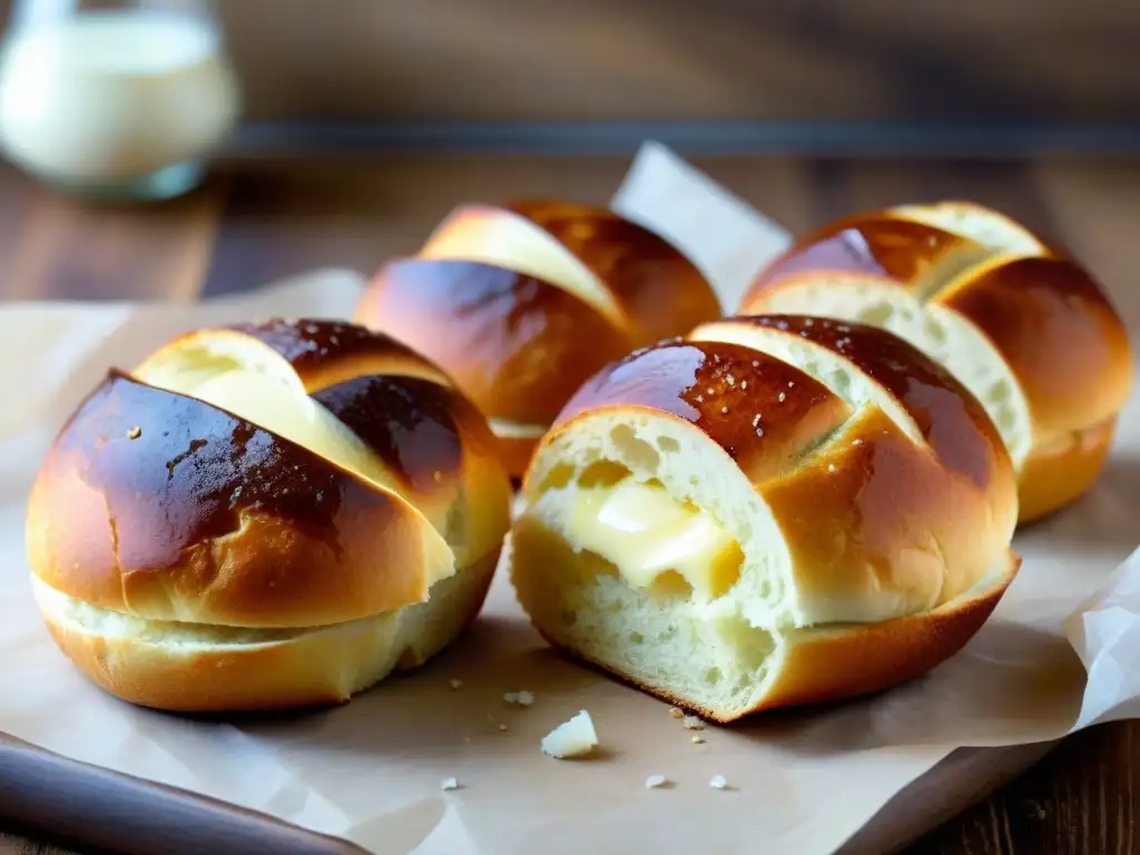 Deliciosos panecillos sin gluten recién horneados con corteza dorada y mantequilla derretida, sobre tabla de madera rústica