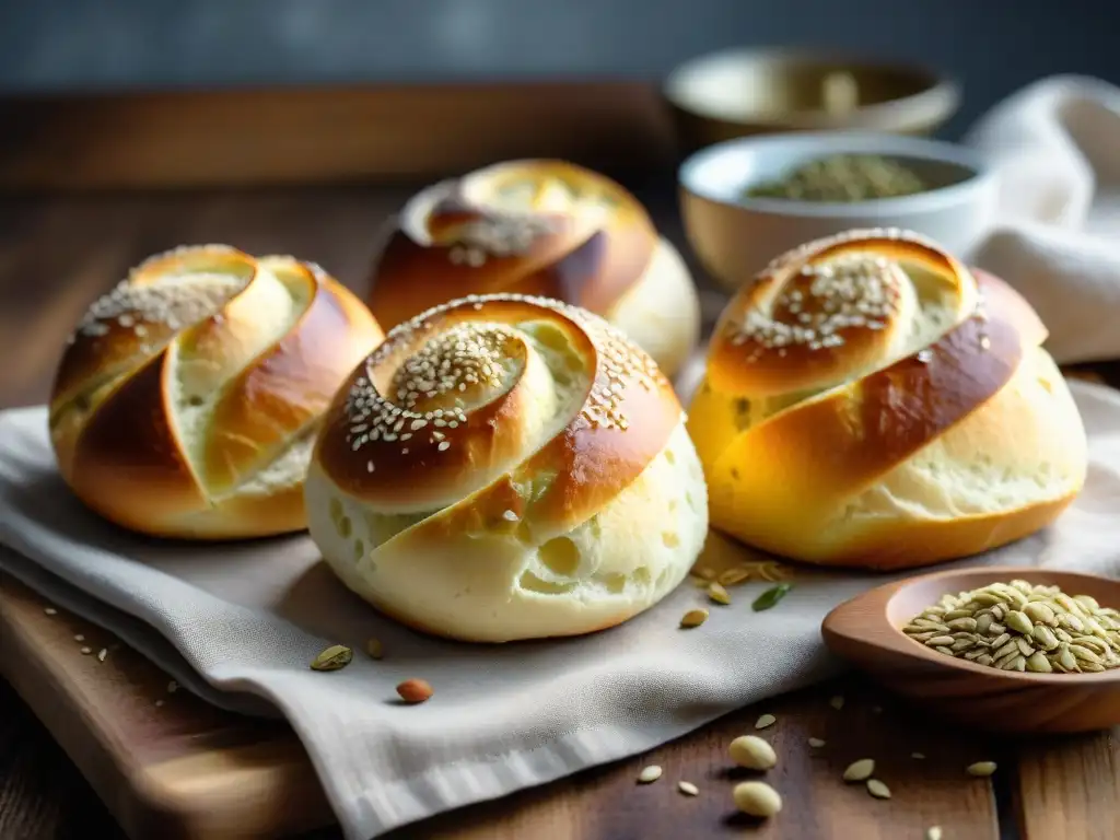 Deliciosos panecillos sin gluten recién horneados en tabla de madera rústica