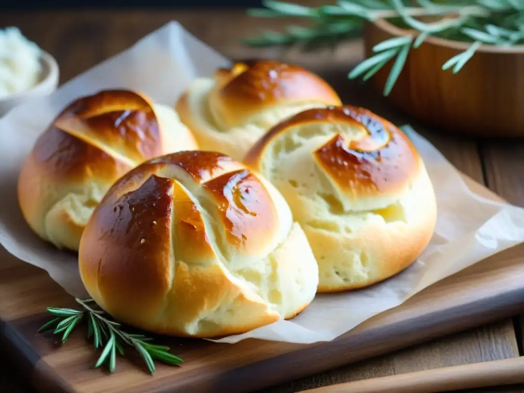 Deliciosos panecillos sin gluten recién horneados en tabla de madera rústica con harina y romero fresco