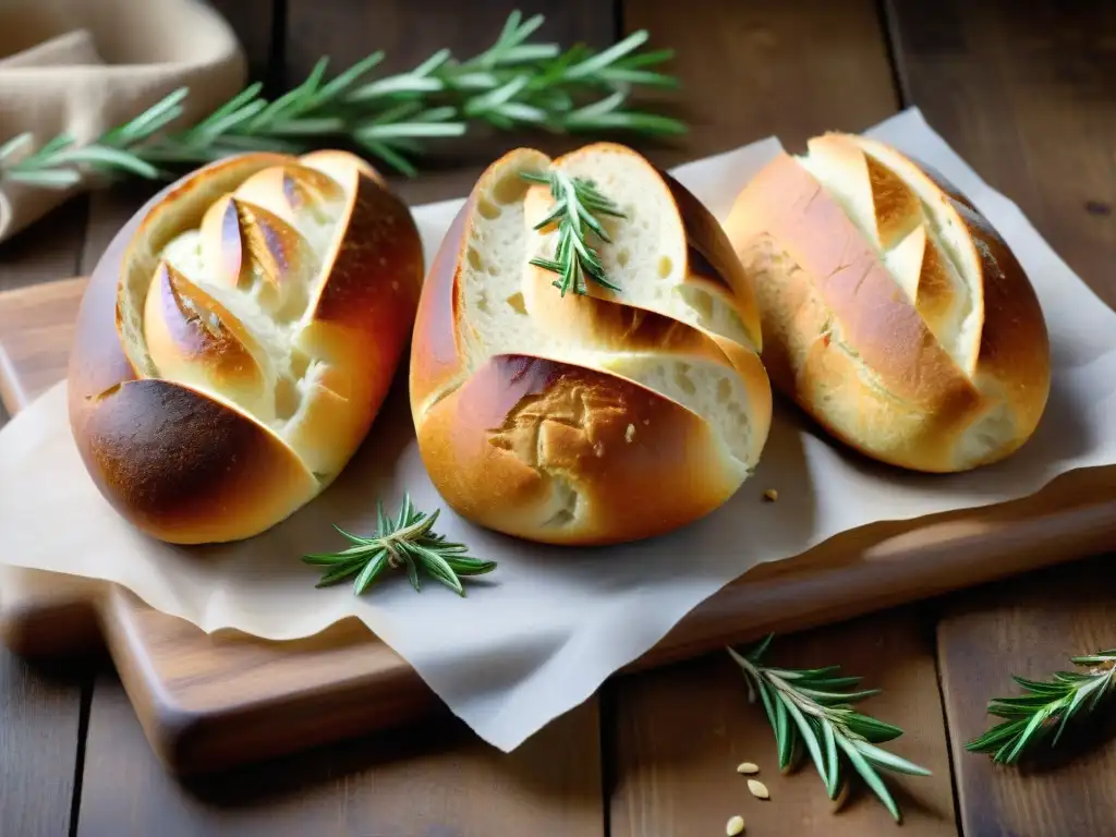 Deliciosos panes sin gluten bajos carbohidratos, artesanales y dorados, sobre mesa de madera rústica con romero fresco y harina esparcida