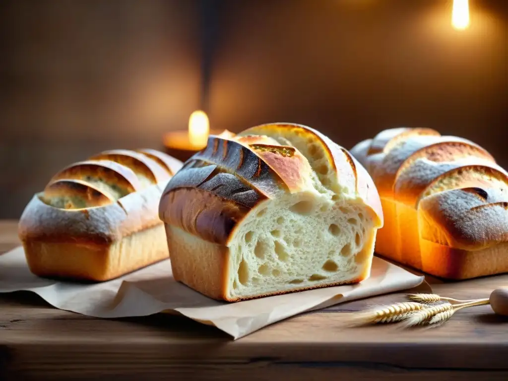 Deliciosos panes sin gluten de calidad, recién horneados, en una mesa rústica con un ambiente acogedor de panadería