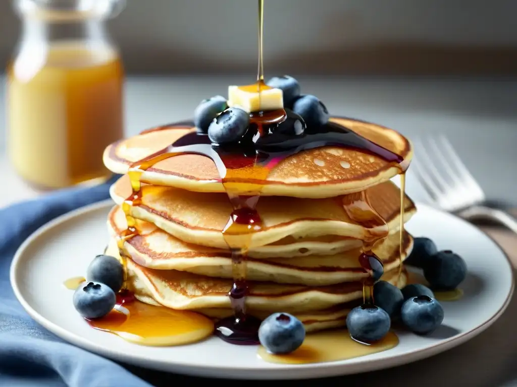 Deliciosos pancakes sin gluten: apetitoso desayuno Deliciosos panqueques sin gluten con mantequilla, sirope de arce y arándanos frescos en un plato blanco