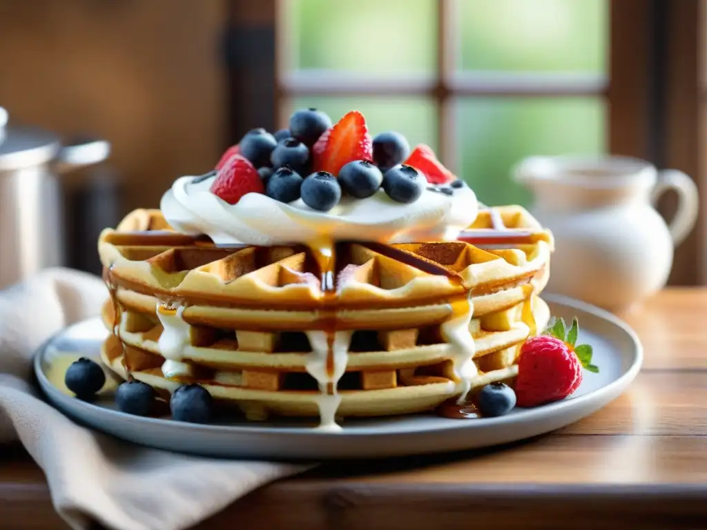 Deliciosos waffles sin gluten con bayas y sirope de arce Deliciosos panqueques sin gluten con crema, bayas y jarabe de arce en mesa rústica