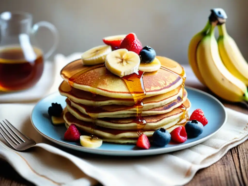 Deliciosos pancakes sin gluten con frutas frescas y sirope de arce Deliciosos panqueques sin gluten con frutas y sirope de arce, sobre mesa rústica