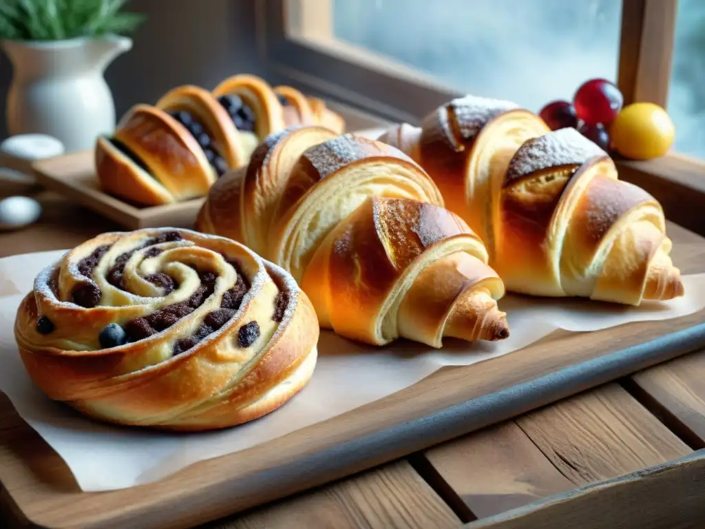 Deliciosos pasteles y panes sin gluten en mesa rústica, iluminados por la ventana