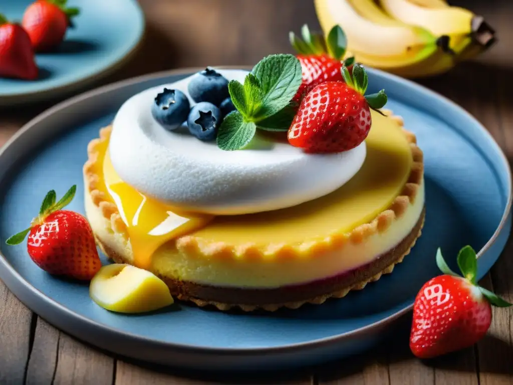 Deliciosos postres sin gluten de frutas: tarta de fresa, pastel de limón arándanos, sorbete de mango y plátano con chocolate