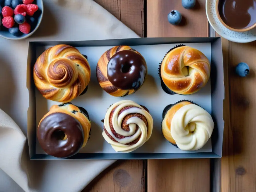 Deliciosos postres sin gluten y lácteos en mesa rústica, con magdalenas de chocolate, croissants y rollos de canela, destacados por la luz solar