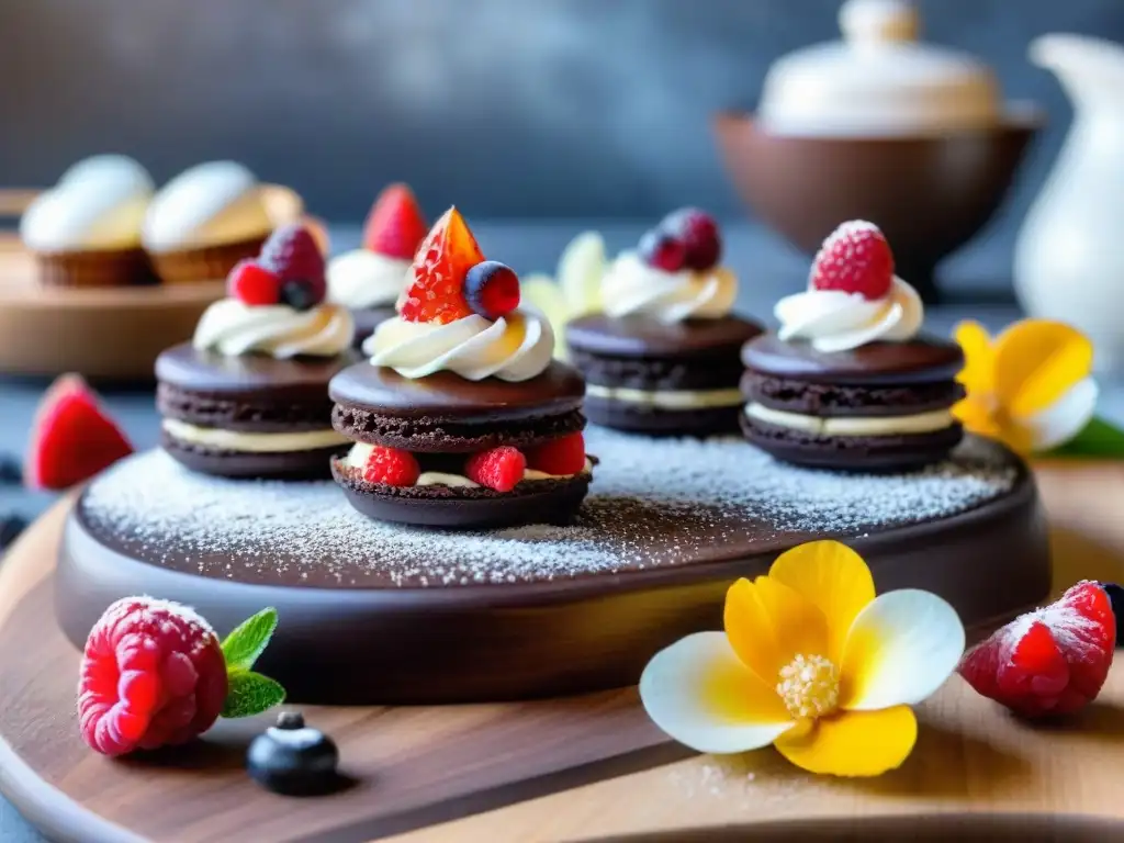 Deliciosos postres sin gluten: pastel de chocolate, macarons de almendra y merengues de coco, decorados con frutas y flores comestibles