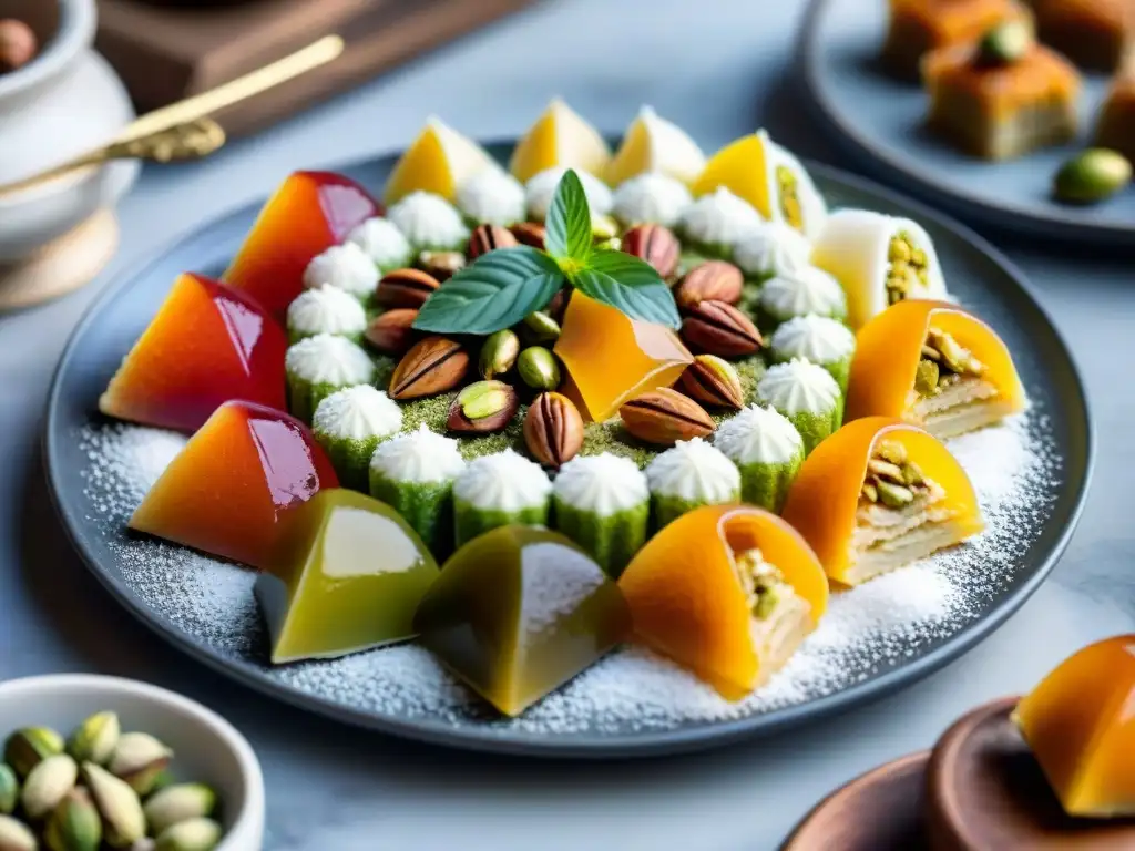 Deliciosos postres turcos sin gluten: baklava, lokum y künefe en plato decorado