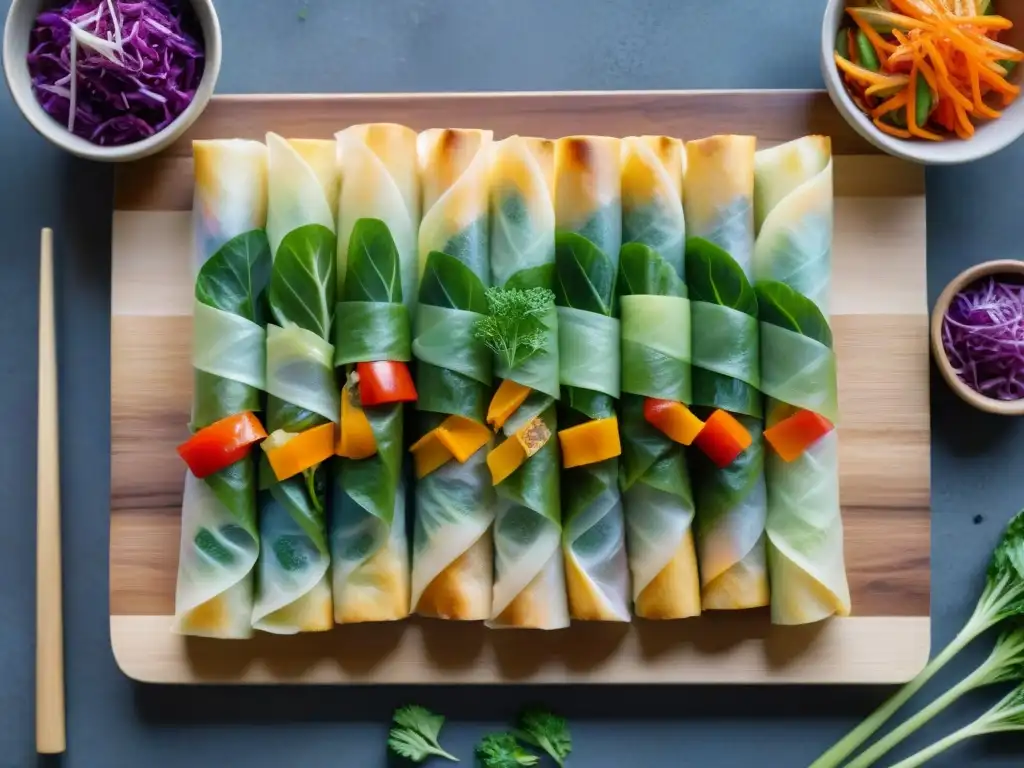 Deliciosos rollitos de primavera sin gluten, rellenos de vibrantes vegetales y presentados con elegancia en una tabla de madera rústica