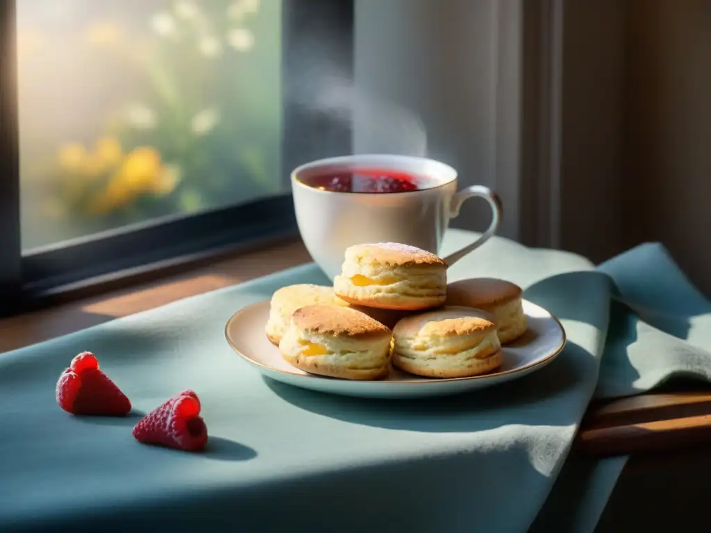 Deliciosos scones sin gluten receta fácil, bañados en crema y mermelada de frambuesa, junto a una taza de té