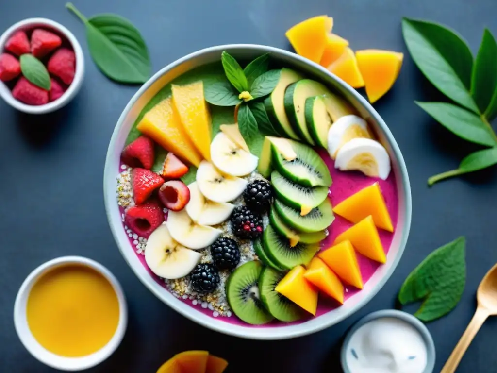 Deliciosos bowls de smoothie coloridos con frutas frescas, chía y coco, perfectos como suplementos sin gluten para nadadores