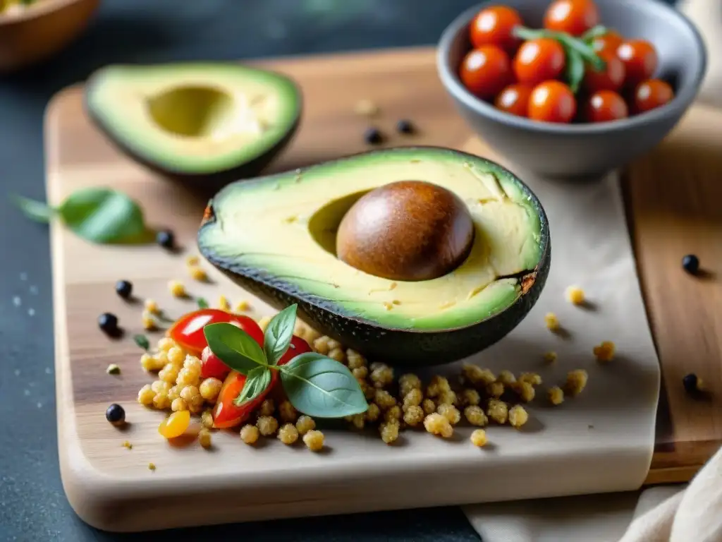 Deliciosos snacks sin gluten: aguacates rellenos con quinoa, tomates cherry y hierbas frescas sobre tabla rústica