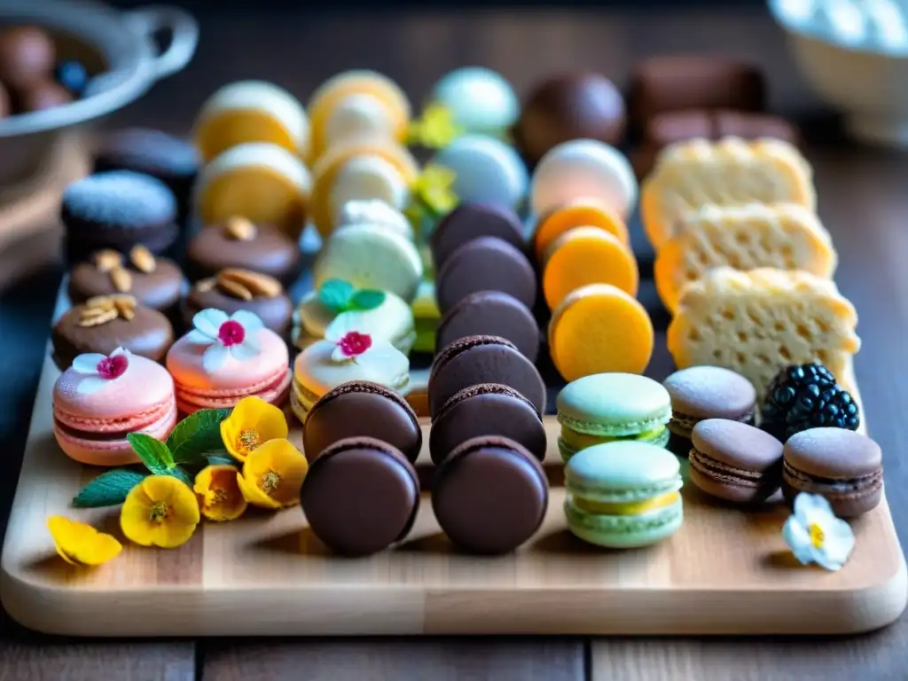 Deliciosos snacks sin gluten para fiesta con trufas de chocolate, macarons, malvaviscos y biscotti en una tabla de madera