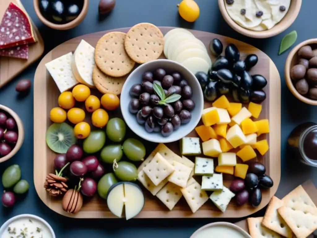 Deliciosos snacks sin gluten para fiesta en una tabla de madera con frutas, quesos, crackers, aceitunas, nueces y chocolate oscuro