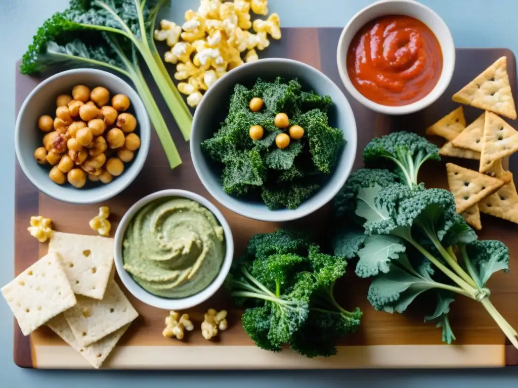 Deliciosos snacks sin gluten para fiesta, con kale chips, garbanzos tostados, vegetales con hummus y palomitas de maíz caseras