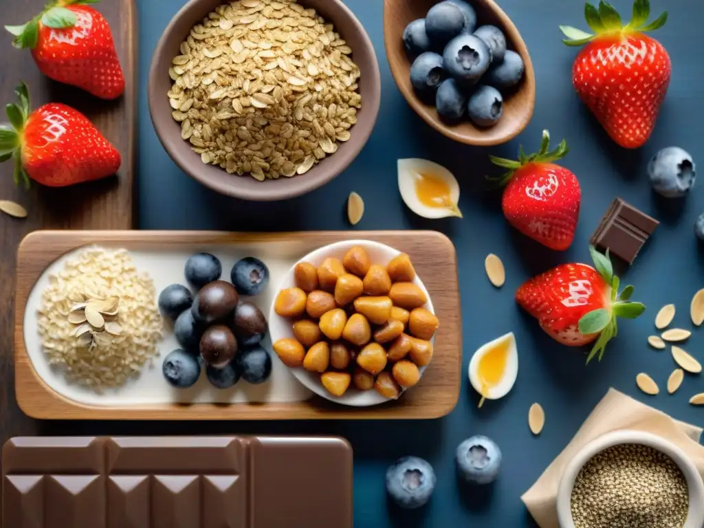 Deliciosos snacks sin gluten con fresas rojas, arándanos, miel, chocolate, almendras y semillas de chía en una mesa de madera rústica