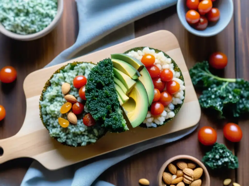 Deliciosos snacks sin gluten saludables en tabla de madera: arroz inflado con aguacate, kale chips, frutos secos y energéticas bolitas de coco