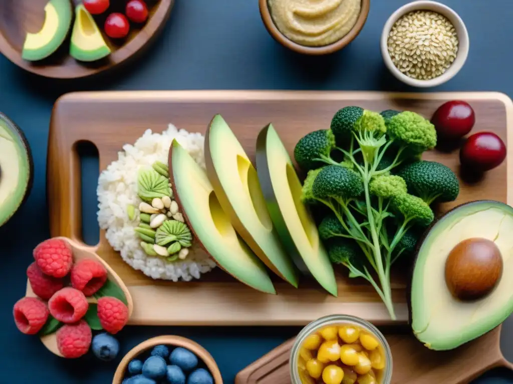 Deliciosos snacks sin gluten saludables: vegetales, hummus, aguacate, frutos rojos, frutos secos y semillas en tabla de madera con miel