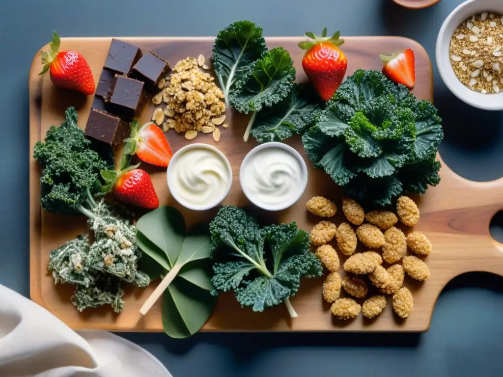 Deliciosos snacks sin gluten saludables en tabla de madera: kale chips, almendras con chocolate, fresas con yogurt y bocados de quinoa