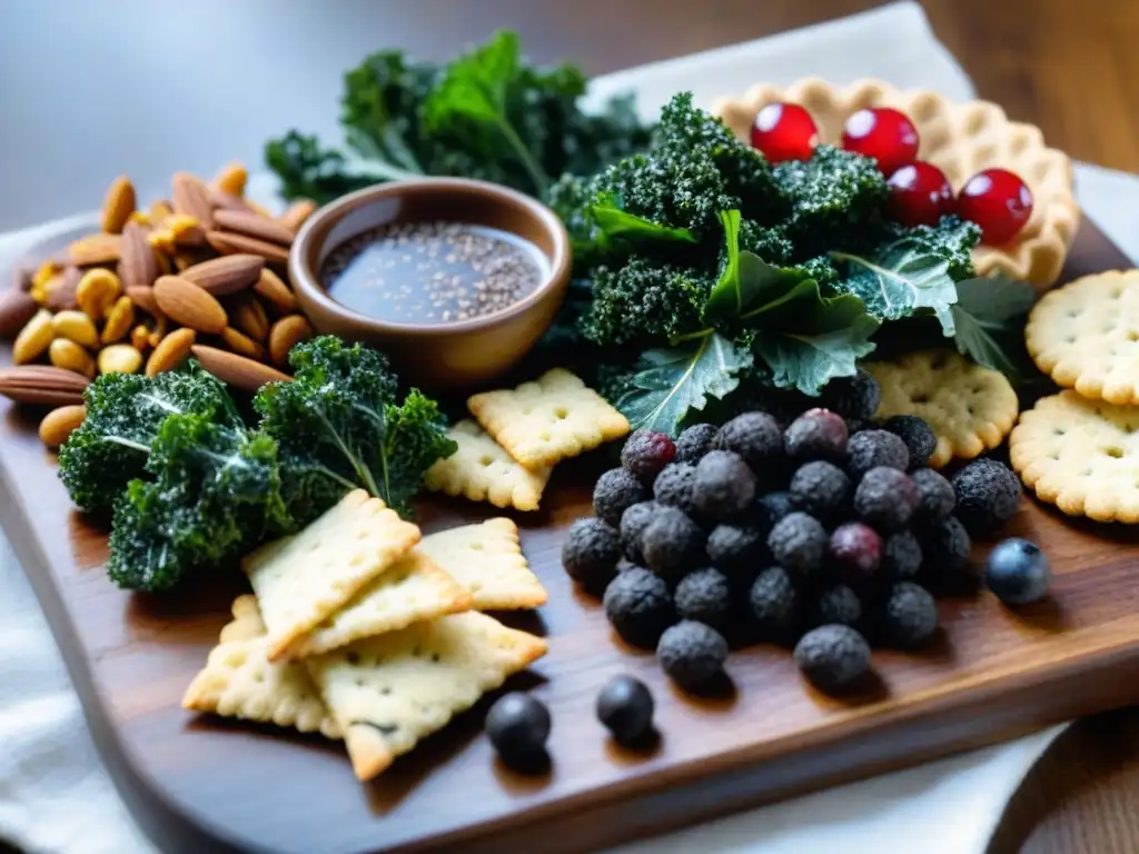 Deliciosos snacks sin gluten en tabla rústica Deliciosos snacks sin gluten en tabla rústica: kale chips, crackers de almendra, macaroons y trail mix de bayas