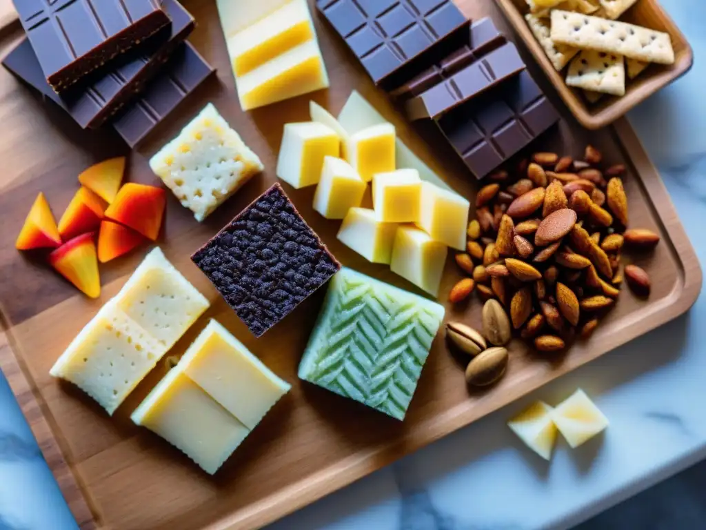 Deliciosos snacks sin gluten en tabla de madera: chips de vegetales, galletas de arroz, chocolate y mezcla de frutos secos