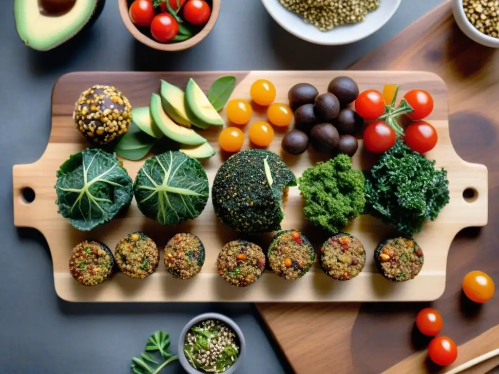 Deliciosos snacks veganos sin gluten saludables en tabla de madera