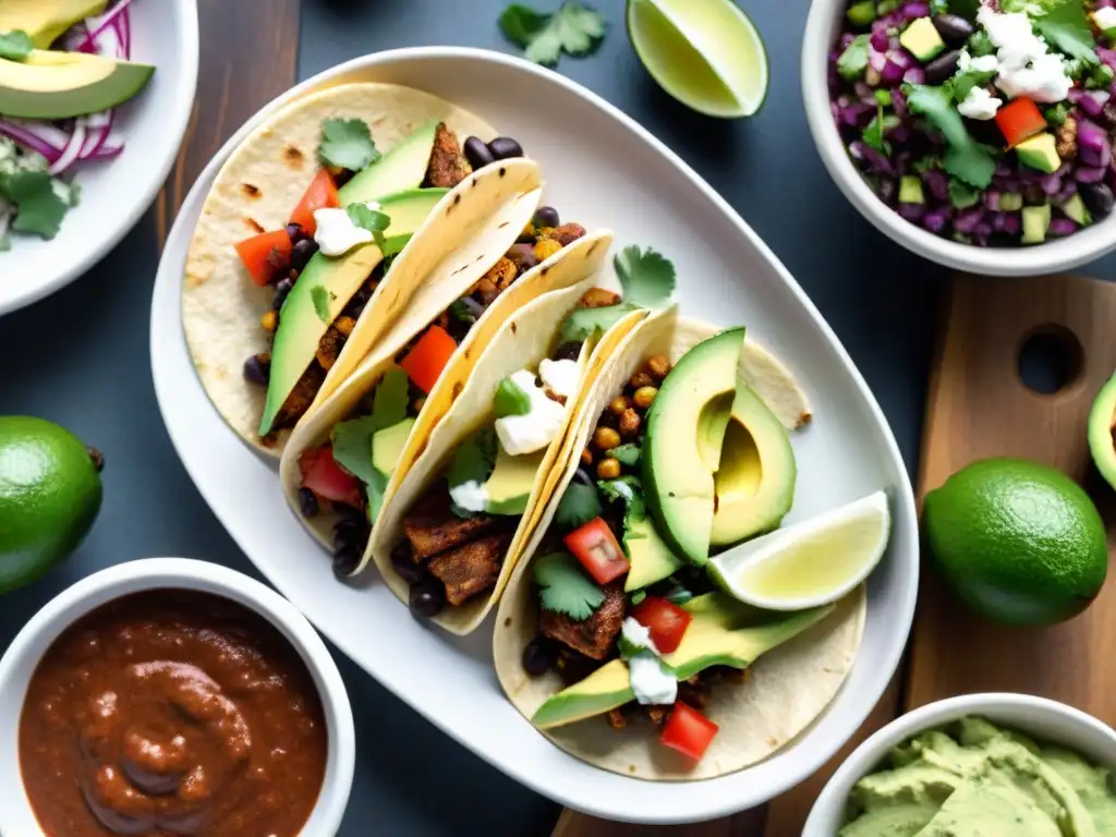 Sabrosa y colorida variedad de tacos sin gluten en mesa de madera Deliciosos tacos sin gluten receta fácil en mesa de madera con ingredientes frescos y coloridos