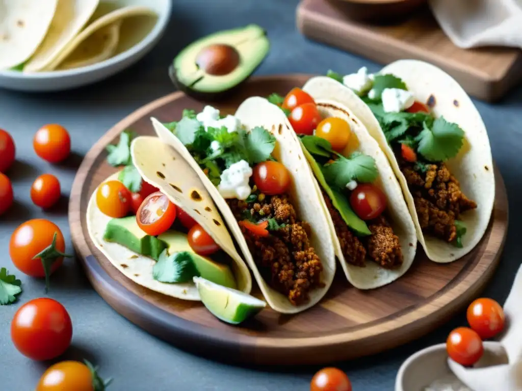 Deliciosos tacos sin gluten: coloridos y apetitosos Deliciosos tacos sin gluten con aguacate, tomates cherry y queso fresco en una bandeja de madera; una fiesta de sabores