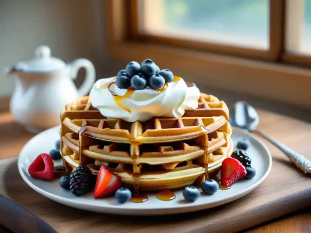 Deliciosos waffles sin gluten con crema, bayas y sirope de arce en cocina acogedora