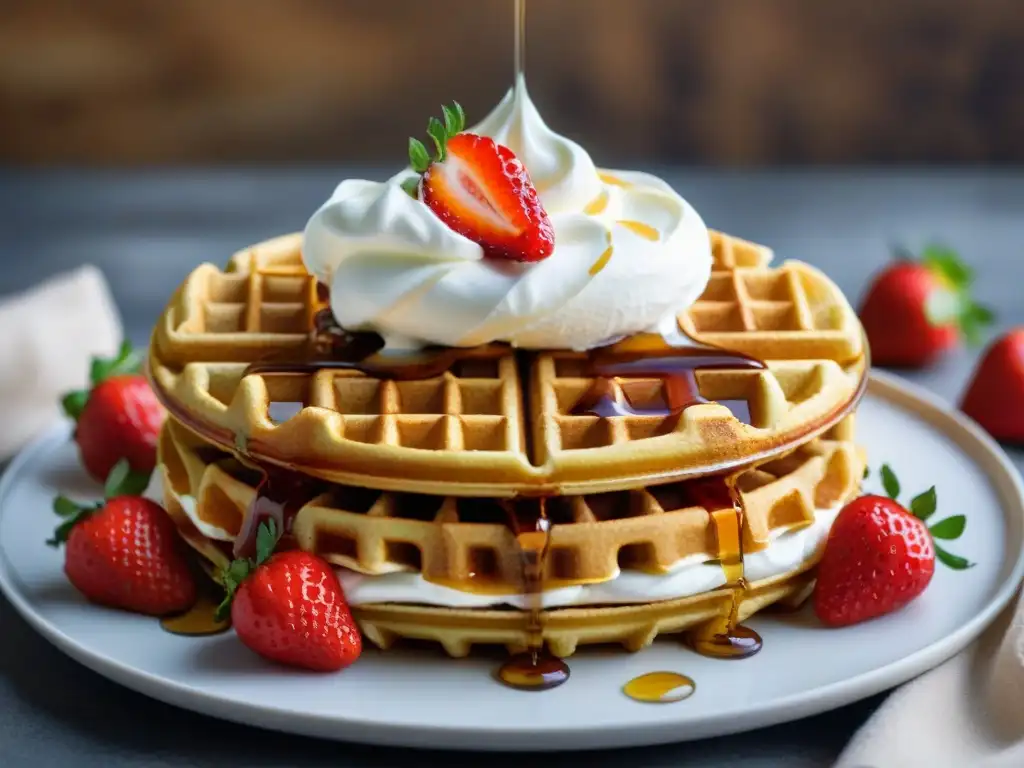 Deliciosos waffles sin gluten con fresas, crema batida y sirope de arce