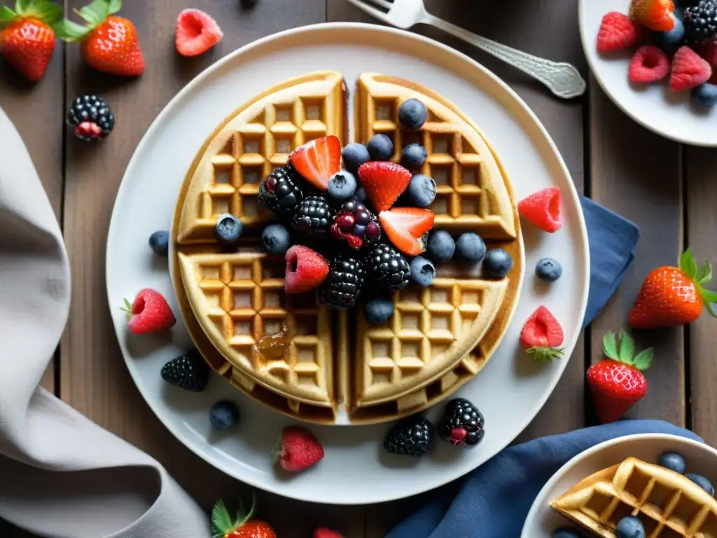 Deliciosos waffles sin gluten con bayas frescas y sirope de arce en elegante plato blanco sobre mesa de madera rústica