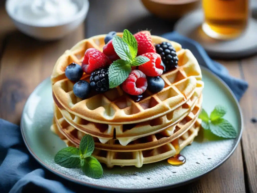 Deliciosos waffles sin gluten con bayas frescas y sirope de arce, sobre mesa de madera rústica