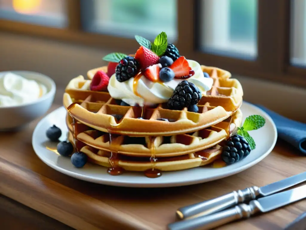 Deliciosos waffles sin gluten con frutas y crema, bañados en sirope de arce, sobre mesa de madera