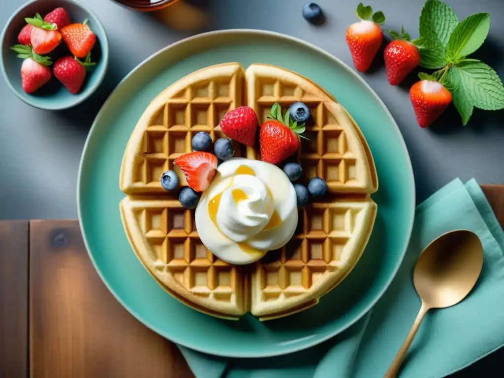 Deliciosos waffles sin gluten saludables con frutas y sirope de arce en mesa rústica