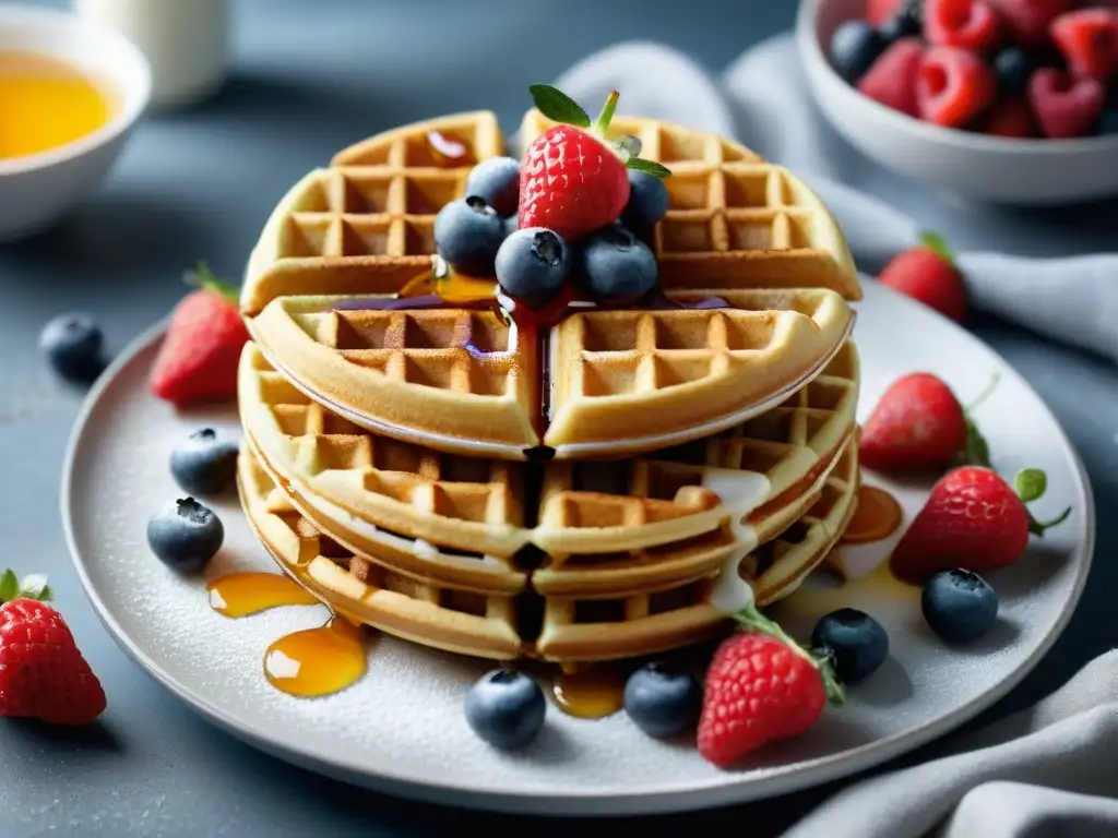 Deliciosos waffles sin gluten saludables con bayas frescas y miel, un festín visual y nutritivo