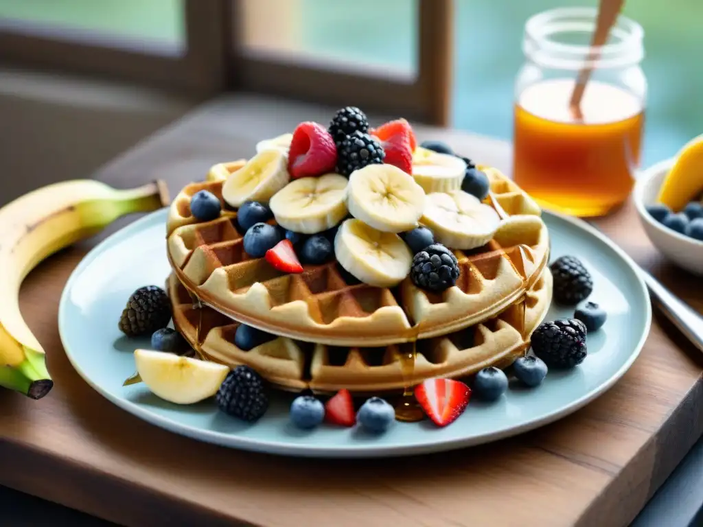 Deliciosos waffles sin gluten saludables decorados con frutas frescas y miel, sobre una mesa de madera rústica al amanecer