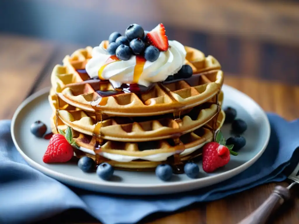 Deliciosos waffles sin gluten saludables con crema batida, frutas y jarabe de arce en una mesa rústica