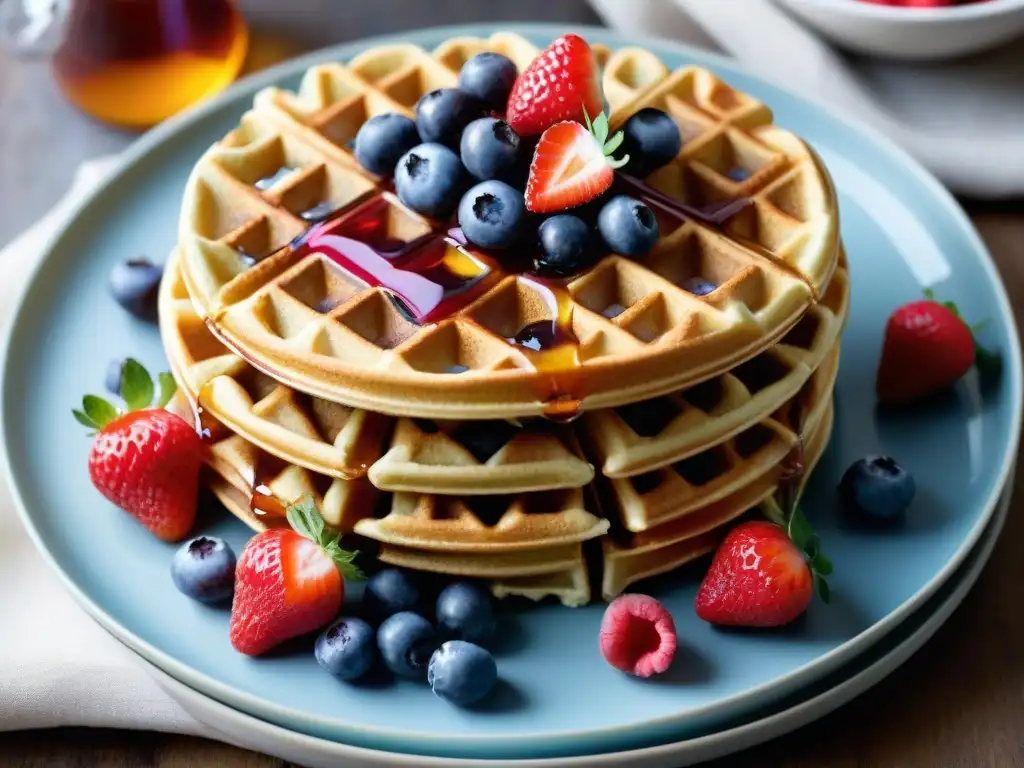 Deliciosos waffles sin gluten saludables con bayas frescas y sirope de arce, una tentación irresistible