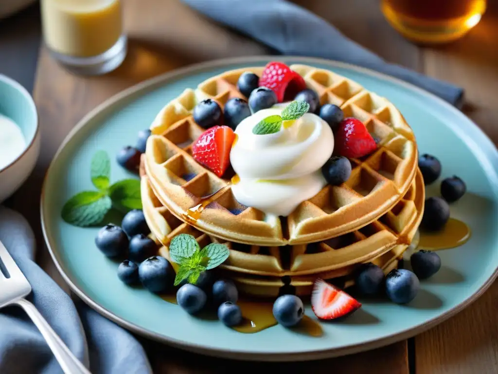 Deliciosos waffles sin gluten saludables con yogurt griego, bayas frescas y miel, sobre mesa rústica