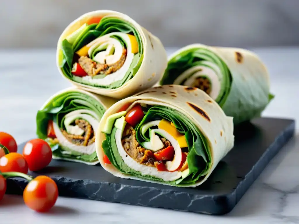 Deliciosos wraps sin gluten fáciles con ingredientes frescos y coloridos en un elegante tablero de mármol