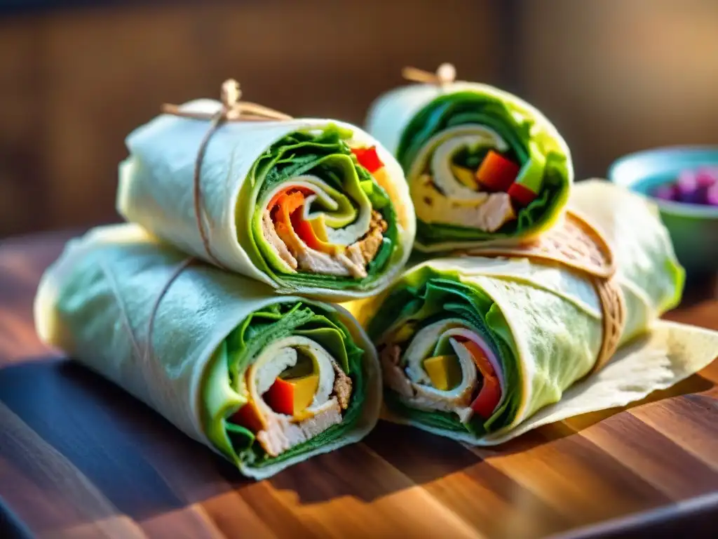 Deliciosos wraps sin gluten fáciles con pollo, aguacate y vegetales en mesa rústica