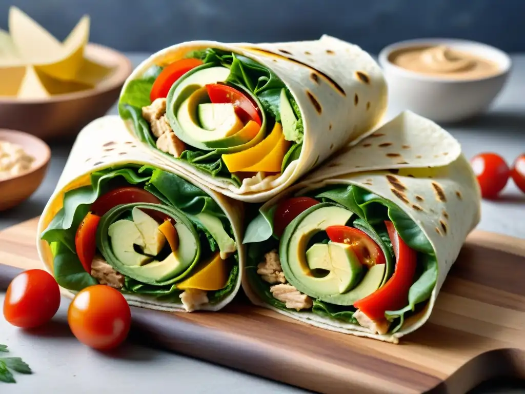 Deliciosos wraps sin gluten con pollo, aguacate y hummus, en una presentación vibrante