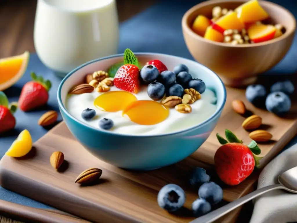 Deliciosos bowls de yogurt: colores, frutas frescas y miel Deliciosos yogures sin gluten con frutas frescas y frutos secos en mesa de madera