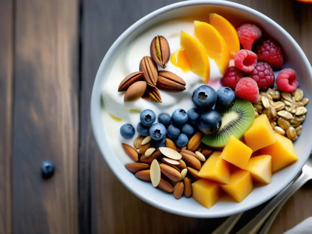 Deliciosos bowls de yogur con frutas y frutos secos frescos Deliciosos yogures sin gluten con frutas frescas, frutos secos y semillas en una mesa de madera, colores vibrantes y tentadores