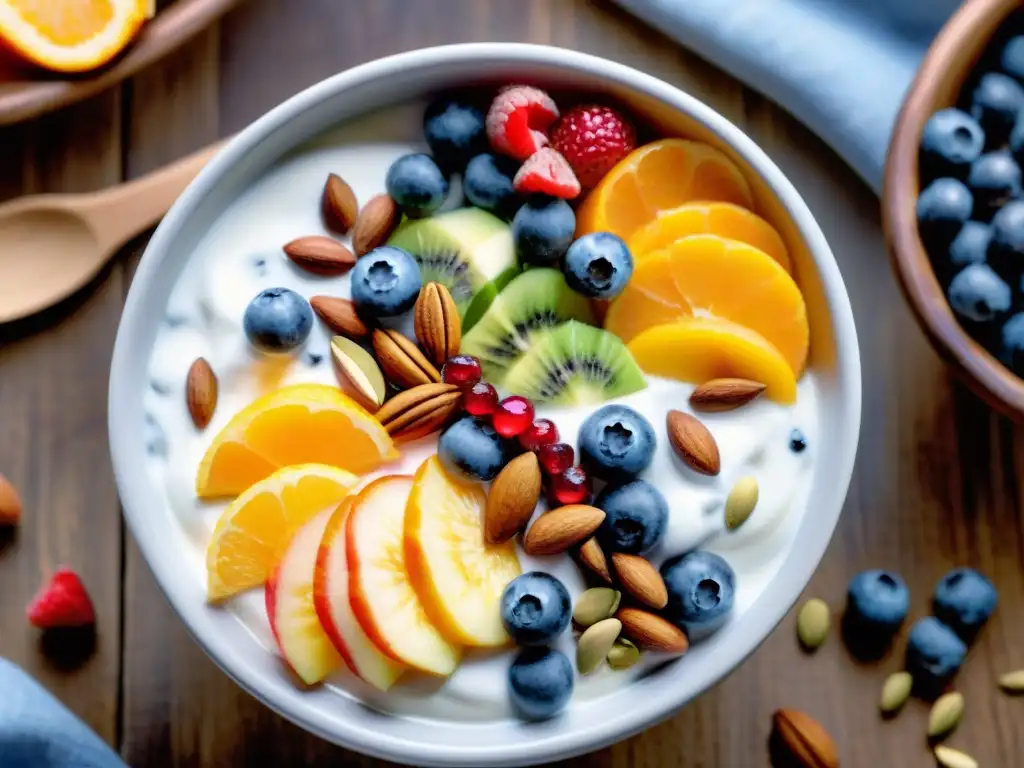 Deliciosas opciones de yogur sin gluten con frutas y frutos secos Deliciosos yogures sin gluten con frutas, frutos secos y semillas en mesa de madera rústica iluminada naturalmente