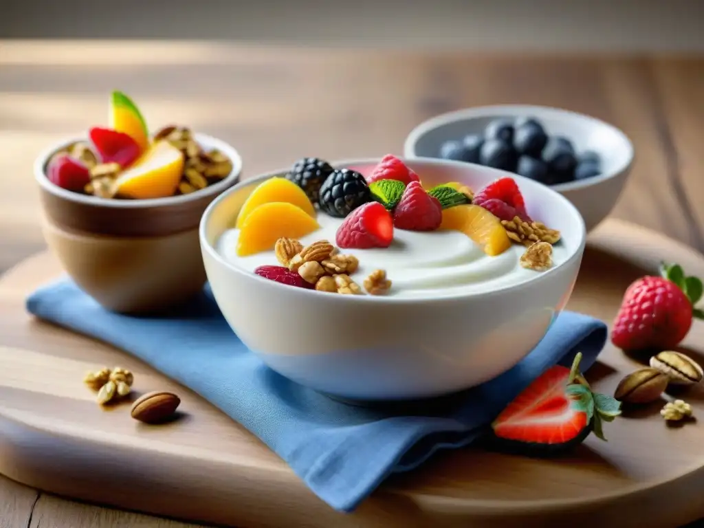 Deliciosos bowls de yogurt sin gluten con frutas frescas y granola vibrante Deliciosos yogures sin gluten con frutas frescas y frutos secos en mesa rústica iluminada